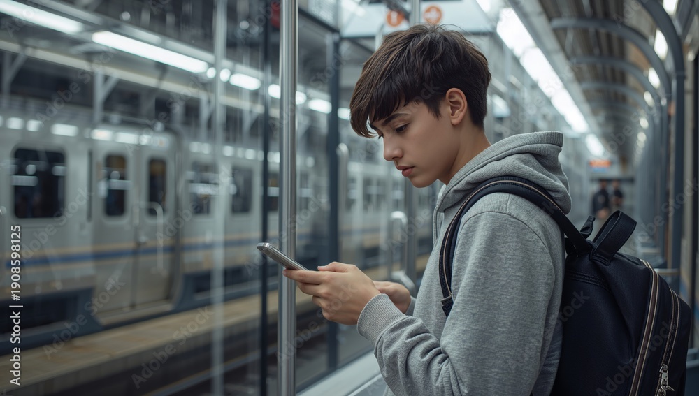 Fototapeta premium Teenager Using Smartphone While Waiting for Train at Subway Station During Evening Commute