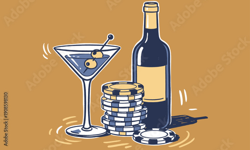 Casino Night: Hand-drawn illustration of a martini cocktail, liquor bottle, and stacked poker chips on a retro brown background. Gambling and drinks c