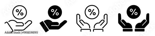 Discount promotion in hand icons set. Hands holding percent icon. Percent, rate, badge, shopping, label, tag, percentage symbol on white background - stock vector.