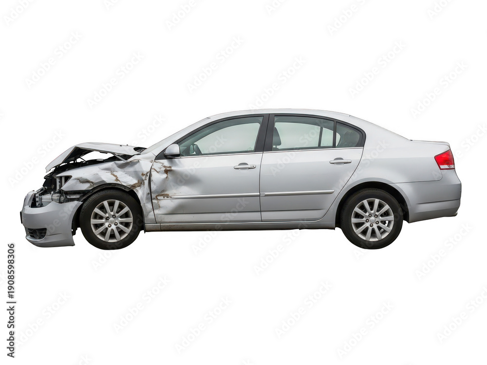 Naklejka premium Damaged Silver Sedan Car After Accident, Front End Collision Damage, Isolated on White Background
