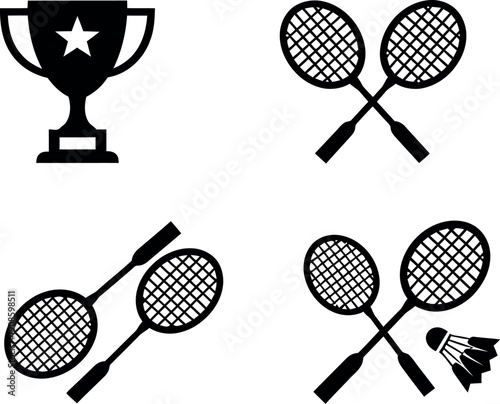 Badminton championship trophy and rackets with shuttlecock icon set