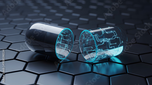 Futuristic capsule with circuit board design inside, broken open on a sleek black hexagonal surface, symbolizing advanced technology