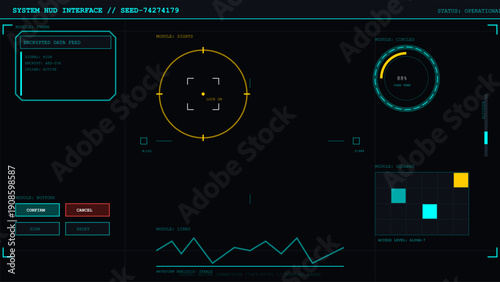 Futuristic heads up display interface with digital data panels and target sights on dark background