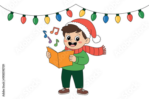 A cheerful cartoon boy singing Christmas carols under a string of colorful lights
