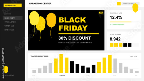 Black Friday marketing dashboard with data visualization charts and promotional banner for retail sales analytics