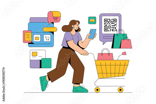 A woman using her smartphone while pushing a shopping cart with colorful bags and icons surrounding her.