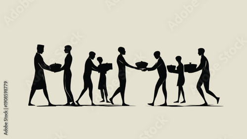 Ramadan charity and community support silhouette, sharing concept vector
