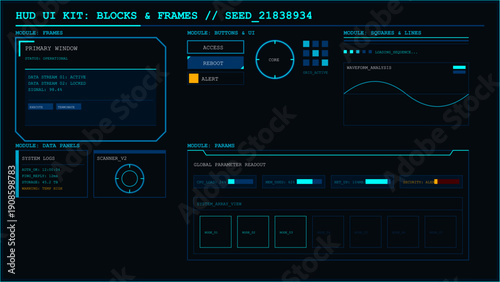 Futuristic HUD user interface kit with data panels frames and system monitoring elements for sci-fi dashboard design