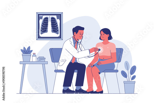 A doctor examining a patient in a medical office with a stethoscope and x-ray on the wall