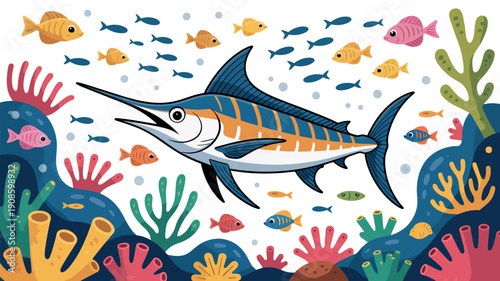 A colorful cartoon illustration of a marlin fish swimming in a vibrant ocean with coral and schools of small fish.
