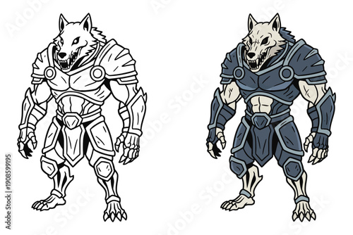 Armored Wolf Warrior Illustration, Fantasy Werewolf Knight Character, Sci-Fi Animal Soldier Concept Art