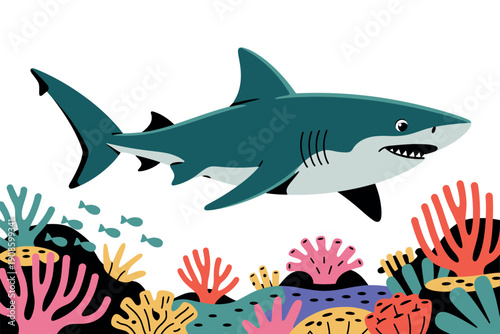 A cartoon shark swimming above a colorful coral reef with vibrant sea anemones and small fish.