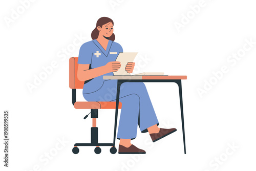 A female nurse sitting at a desk reading a book in a quiet office