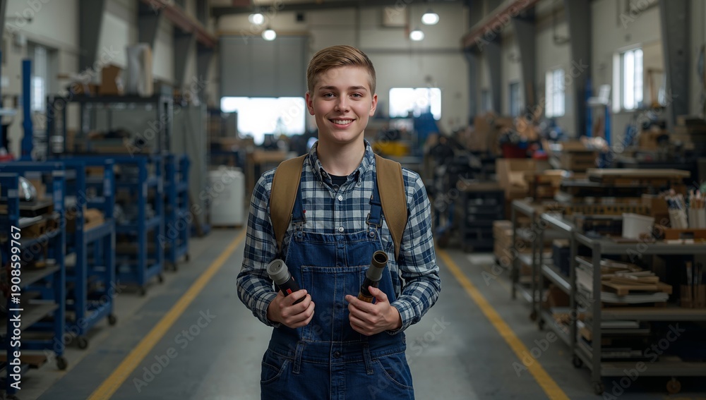 Obraz premium Young Person Stands in a Workshop Holding Microphones in a Busy Environment With Tools Around