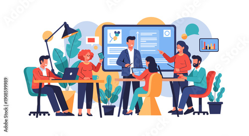 A vibrant illustration evokes productivity and focus, perfect for business presentations or office-related content.