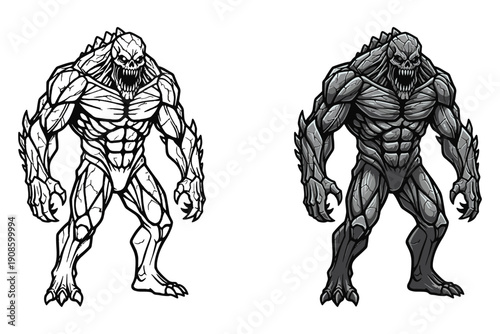 Muscular Monster Creature Illustration, Powerful Fantasy Beast Character, Dark Humanoid Strength Concept Art