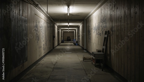 Long Hallway With Wooden Walls and Dim Lighting in a Building at Night