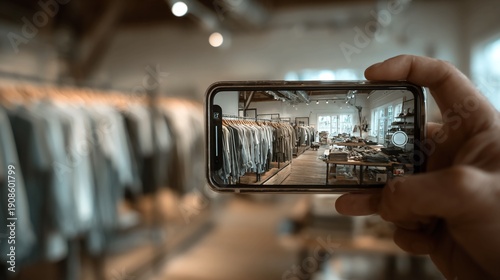 A person taking a photo of a clothing store interior with a smartphone to capture the racks of clothes and store display