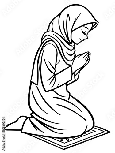 Black and white line art drawing depicts a modest young Muslim woman kneeling respectfully in prayer upon a prayer rug with hands clasped.