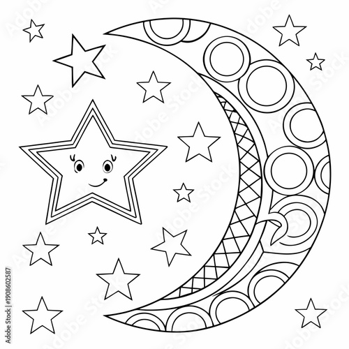 Adorable coloring page featuring a happy star smiling next to a large crescent moon surrounded by many smaller twinkling stars for children.