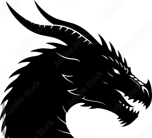 Silhouette of a dragon head isolated on white background for design
