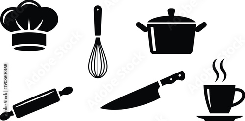 Kitchen utensil silhouette icon set featuring chef hat, knife, pot and cooking tools, culinary vector illustration isolated on white background for design