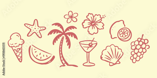 Tropical beach doodle icons line art vector illustration