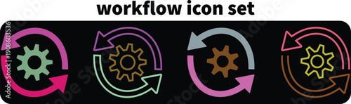 Sync process and workflow icon set. Productivity, setting, synchronization, gear wheel with arrow symbol on white background