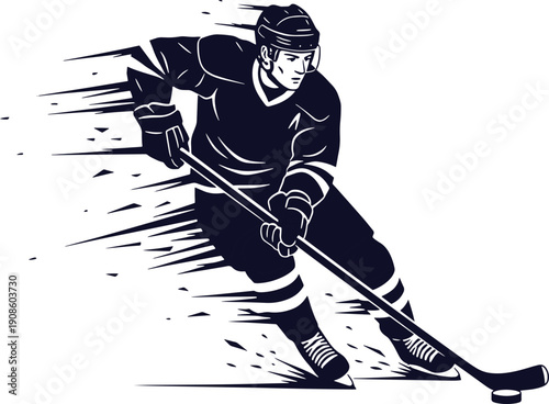 Ice Hockey Player in Dynamic Motion, Black and White Vector Illustration of Professional Athlete Skating with Stick and Puck - stock vector.
