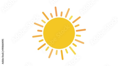  Simple 2D cartoon sun animation with rotating rays on a white background. A cheerful, flat design, seamless loop graphic ideal for weather forecasts, summer themes, and children's content