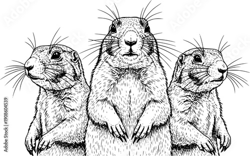 Trio of hand-drawn prairie dogs with detailed fur ringed whiskers black and white illustration 