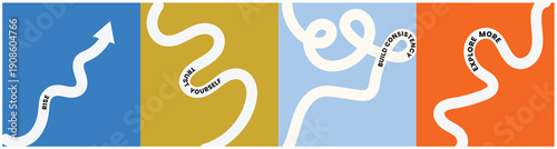 Vibrant abstract graphic illustrating the non-linear journey of personal growth and success with a winding path and motivational phrases like 'Trust Yourself' and 'Explore More'.