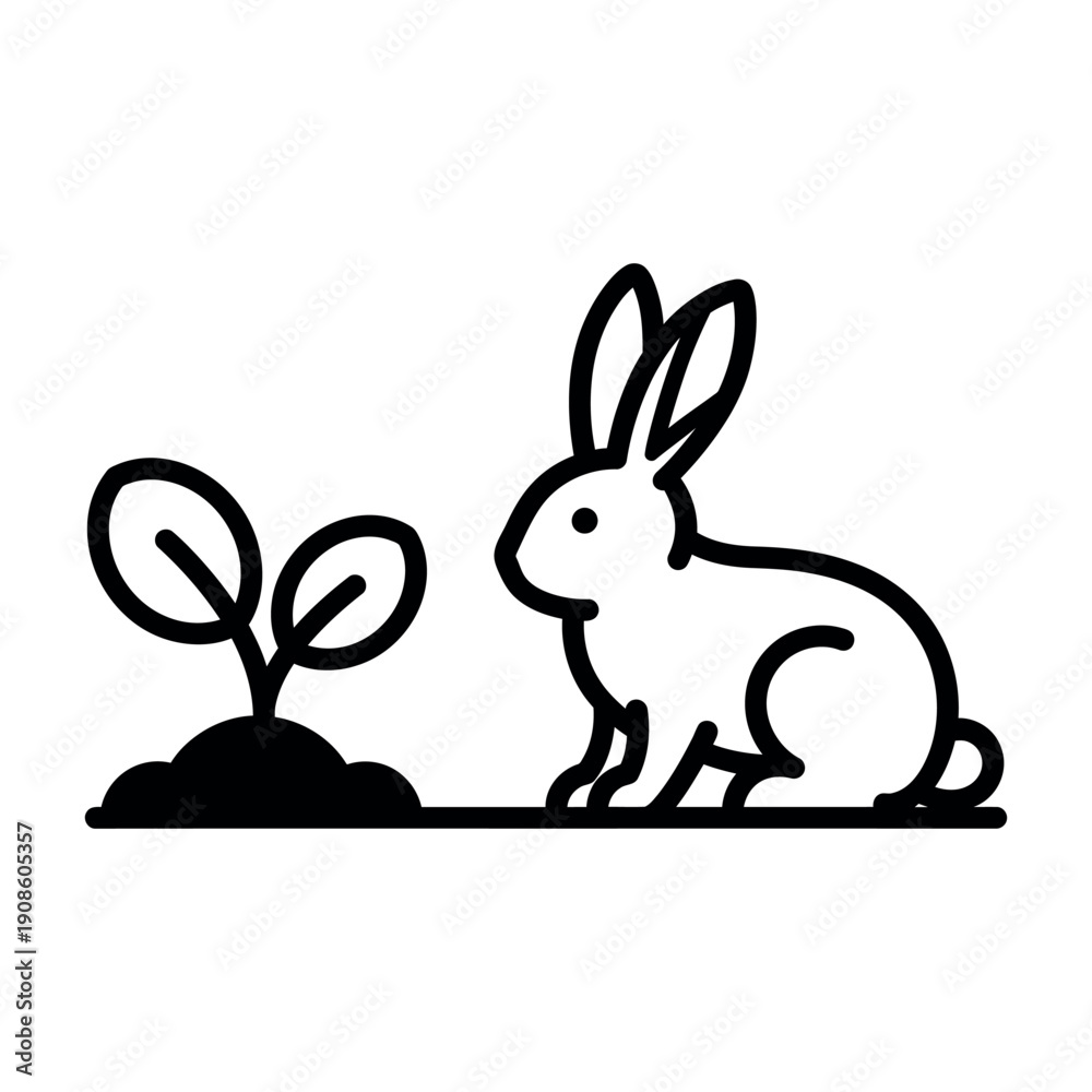 Fototapeta premium Cute black and white rabbit sitting next to four leaf clover plant illustration