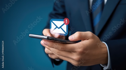 Close-up of a businessman checking emails on his smartphone with a notification icon.