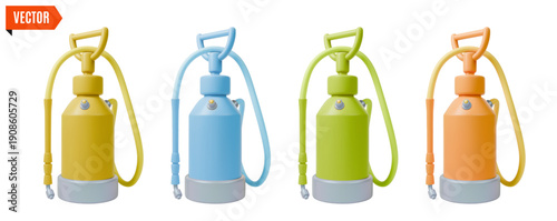 3d Colorful Sprayer Set Tool Agricultural and Garden Concept Cartoon Design Style Isolated on a White Background. Vector illustration