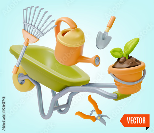 3d Colorful Wheelbarrow with Watering Can and Fan Rake Tools Agricultural and Garden Concept Cartoon Style. Vector illustration