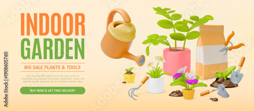 3d Indoor Garden Big Sale Plants and Tools Agricultural and Gardening Concept Ads Banner Poster Card Template. Vector illustration