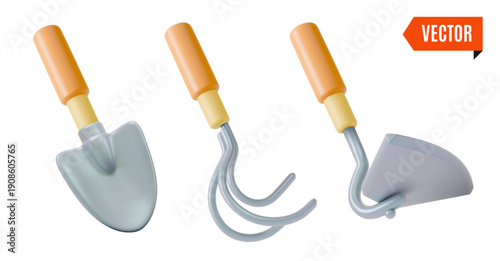 3d Colorful Manual Rake, Hoe and Shovel Tools Agricultural and Garden Concept Cartoon Design Style. Vector illustration