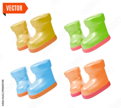 3d Different Color Rubber Boots Set Agricultural and Garden Concept Cartoon Design Style Isolated on a White Background. Vector illustration