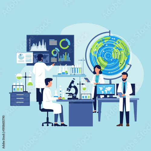 Scientists in Laboratory Analyzing Global Data on Earth Globe and Monitors