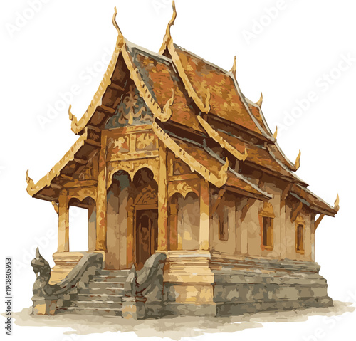 Vector watercolor realistic illustration of a buddhist temple
