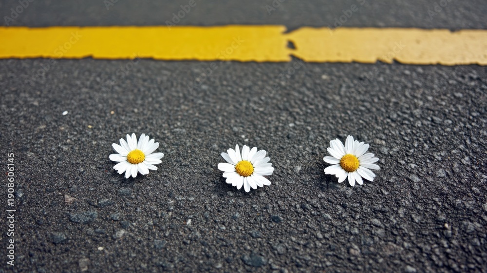 Obraz premium Three delicate daisies arranged in a row on an urban road, contrasting the fragility of nature against the hard backdrop of the world's infrastructure and lifestyle.