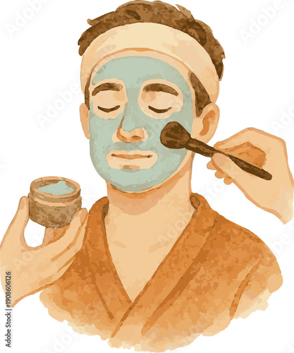 Vector watercolor illustration of a man receiving cosmetic care