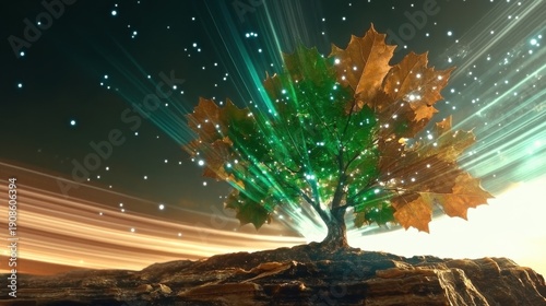 A vibrant tree illuminated with ethereal cosmic energy and radiant colors, symbolizing growth, life, and the connection between nature and the universe.