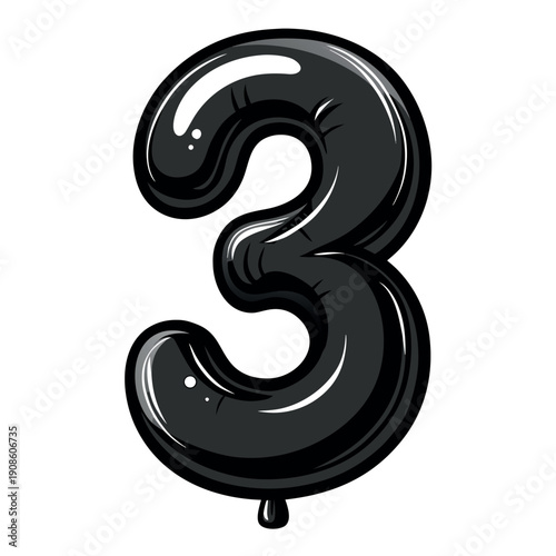 A shiny black balloon shaped like the number 1.2.3.4.5.6.7.8.9 in a cartoon style