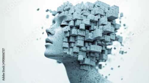 An abstract representation of a woman's head composed of floating cube structures, symbolizing fragmented thoughts and the complexity of human emotions in a modern, artistic style.