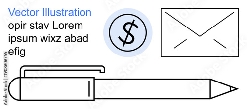 Business communication, financial transactions, office supplies, corporate correspondence, writing tools, economic concepts. Pen, dollar sign and envelope on a minimalist layout. Business