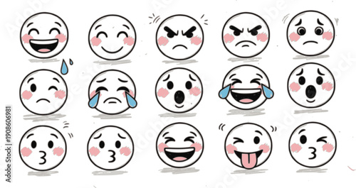 Hand drawn crayon emoji faces set. Cute doodle style cartoon expressions with various emotions. Sketch emoticons.
