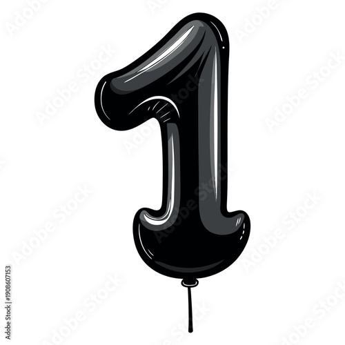 A shiny black balloon shaped like the number 1.2.3.4.5.6.7.8.9 in a cartoon style