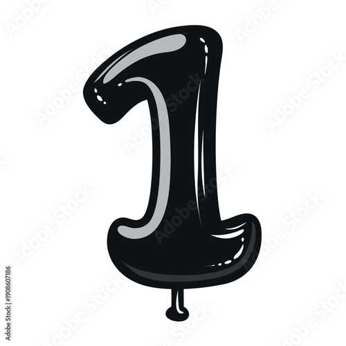 A shiny black balloon shaped like the number 1.2.3.4.5.6.7.8.9 in a cartoon style